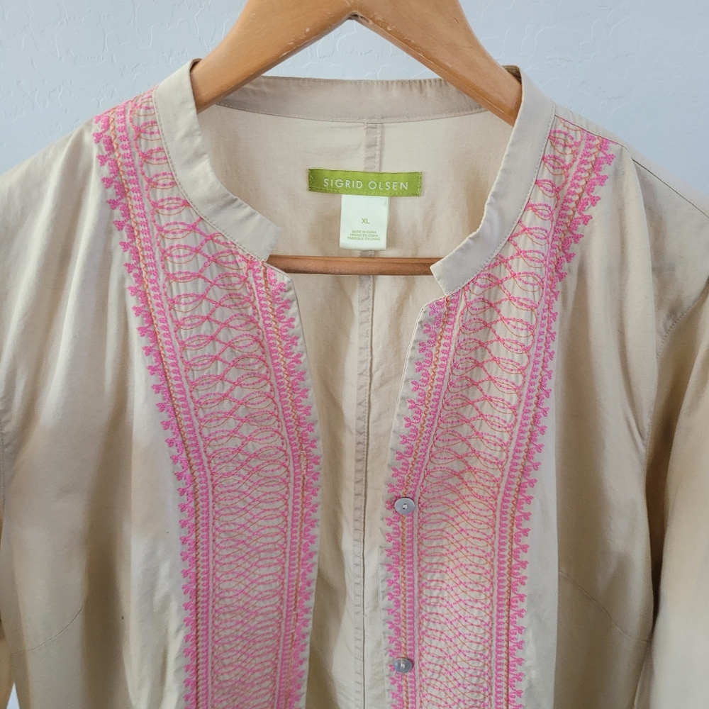 Sigrid Olsen Tan with Pink Embroidered Blouse with Buttons. 100% cotton.